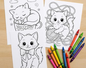 Cat Coloring Pages for Kids, Kitten Coloring Book PDF, Cute Animal Activity Sheets, Preschool Activity, Kids Printable, Instant Download