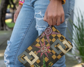 Embroidered Small Clutch Purse for Women | Geometric Coloring Clutch Purse | Handmade Purse for Cards, Phone | Retro Boho Style Card Purse