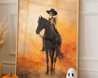 Halloween Wall Art Printable, Skeleton Cowboy Poster, Western Wall Art, Gothic Horse Art Print, Spooky Halloween Decor Digital Download