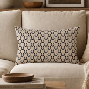 Navy horseshoe lumbar pillow on beige sofa, western decor throw pillow, farmhouse living room accent cushion cover