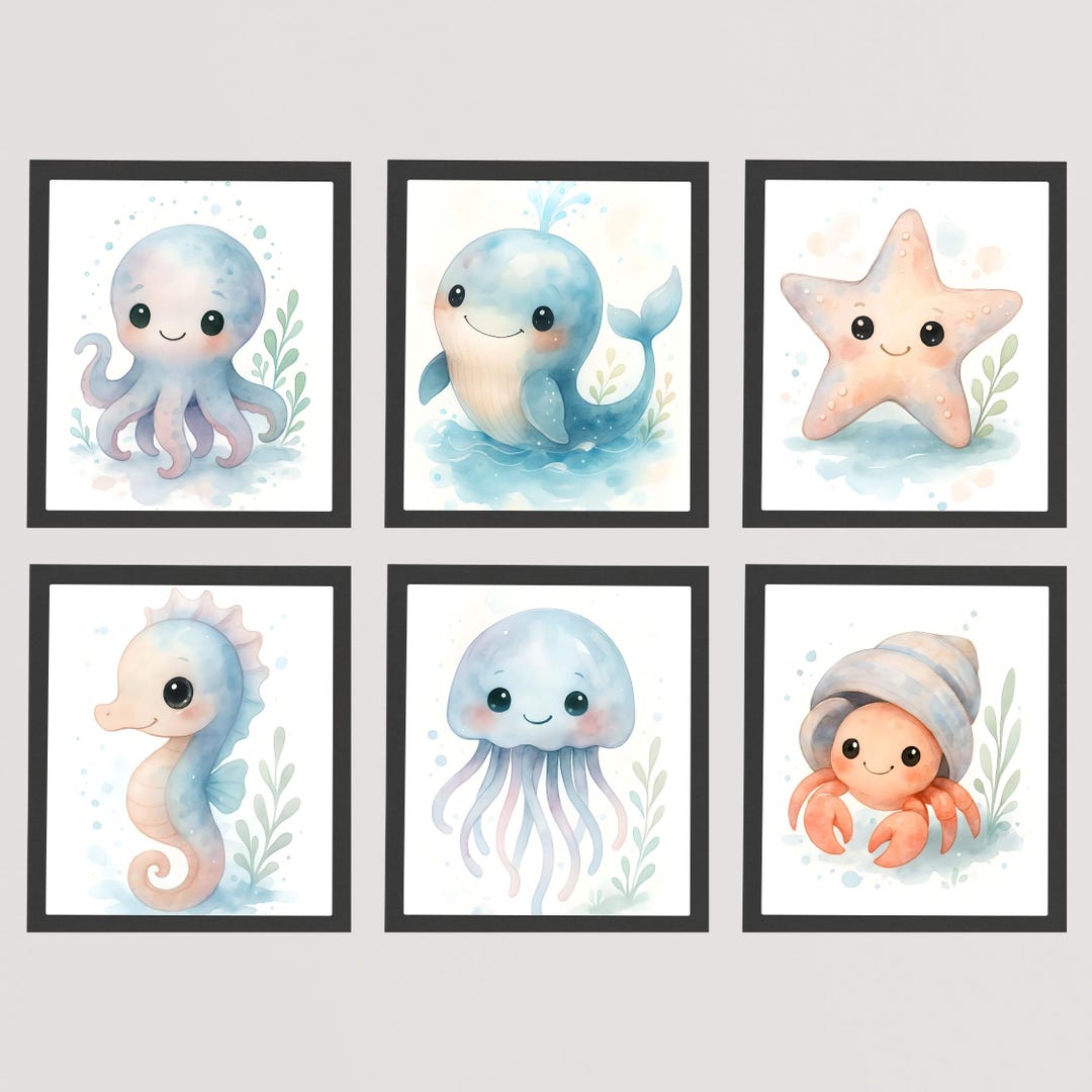 Ocean Nursery Wall Art Set – 6 Sea Animal Prints | Coastal Baby Room ...