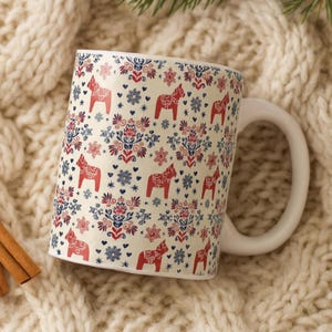 Dala Horse Mug, Scandinavian Folk Art Coffee Cup, Swedish Nordic Decor Mug, Dala Horse Christmas Gift