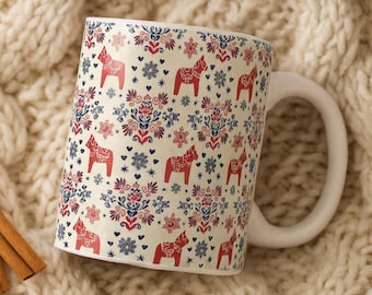 Kubek z koniem Dala, skandynawski kubek do kawy w stylu folk art, szwedzki kubek z nordyckim wystrojem, świąteczny prezent z koniem Dala