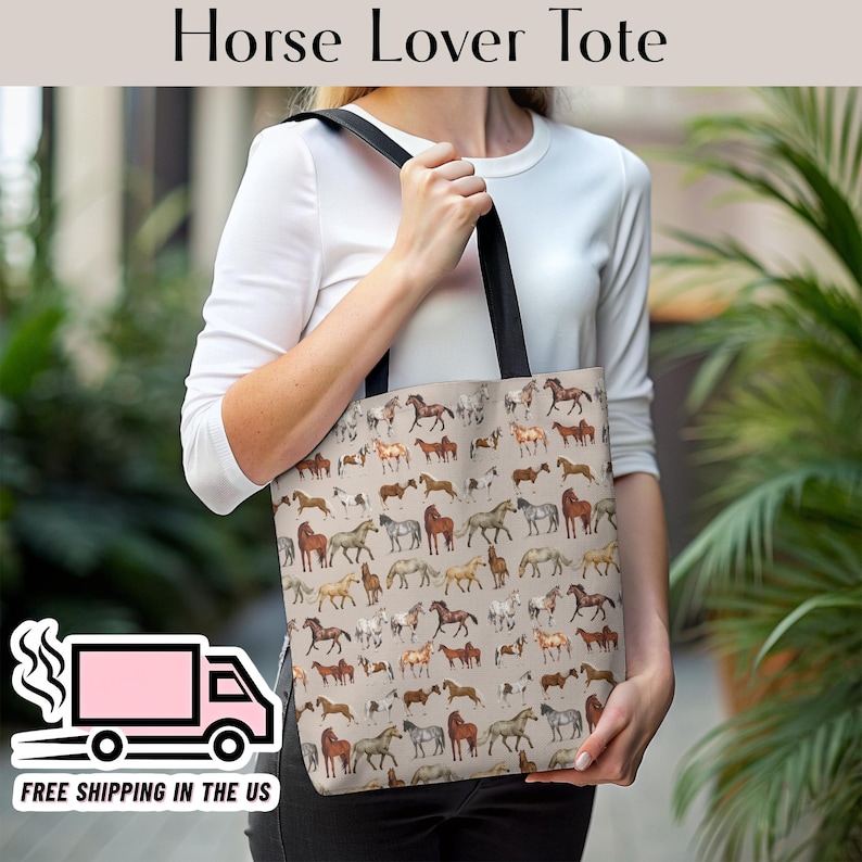 Woman carrying neutral horse print tote bag designed for equestrians and horse lovers. Durable, stylish, and functional, this barn-to-town accessory is perfect for everyday riders. Features hand-illustrated horse breeds, black cotton handles, and free U.S. shipping. Great gift for horse moms, barn girls, and rustic Western style fans