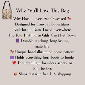 Feature graphic listing tote bag benefits: durable stitching, hand-illustrated horses, roomy size, and fast U.S. shipping. Built for everyday equestrians and barn life, this gift-ready tote is ideal for carrying books, groceries, or riding gear. A must-have for horse lovers seeking thoughtful design, quality materials, and rustic charm.