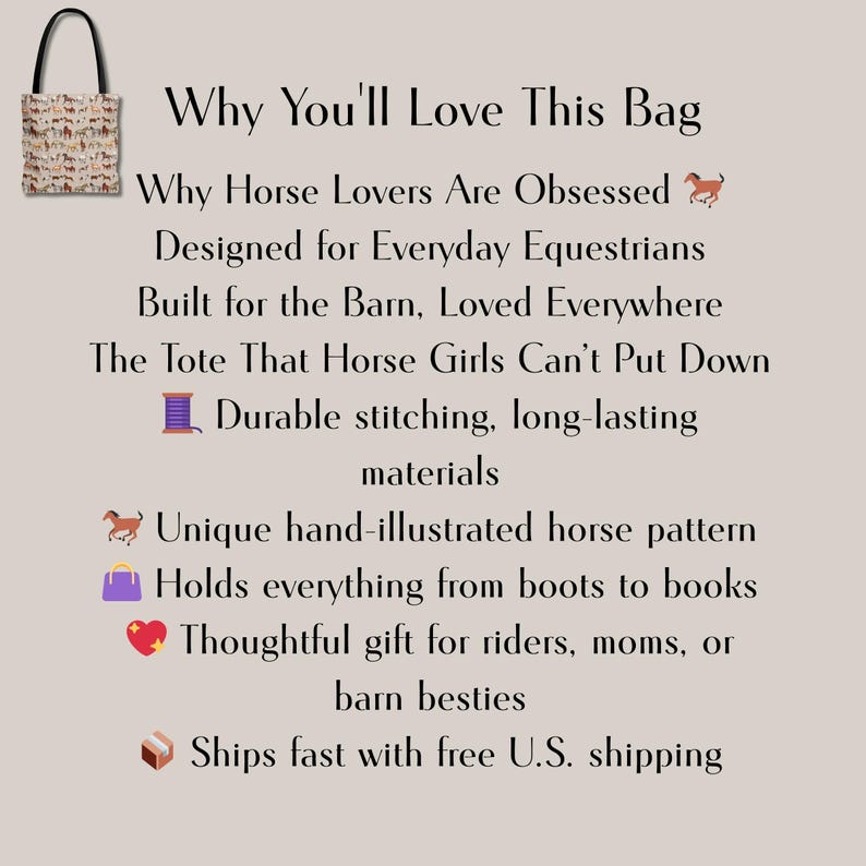 Feature graphic listing tote bag benefits: durable stitching, hand-illustrated horses, roomy size, and fast U.S. shipping. Built for everyday equestrians and barn life, this gift-ready tote is ideal for carrying books, groceries, or riding gear. A must-have for horse lovers seeking thoughtful design, quality materials, and rustic charm.