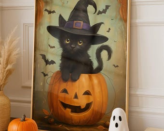 Lámina decorativa de Halloween para pared con estampado de gato negro y calabaza, póster de gato adorable y espeluznante, decoración de pared otoñal, arte de Halloween con gato bruja.