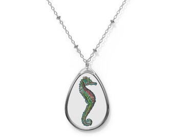 Oval Pendant Necklace Vibrant Seahorse Design, Beach Life Jewelry for Ocean Enthusiasts - Perfect Gift for Sea Lovers Beach Life Accessory