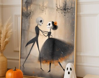 Halloween Wall Art Skeleton Couple Print, Spooky Romantic Gothic Wall Art Printable, Halloween Decor Poster, Dark Academia Love Art
