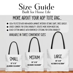 Informative size guide showing small, medium, and large horse print tote bags with reinforced handles and durable polyester fabric. Ideal for equestrians and gift shoppers, this breakdown helps buyers choose the perfect size for carrying gear, books, or groceries. A great blend of function and fashion for Western, boho, and horse lovers.