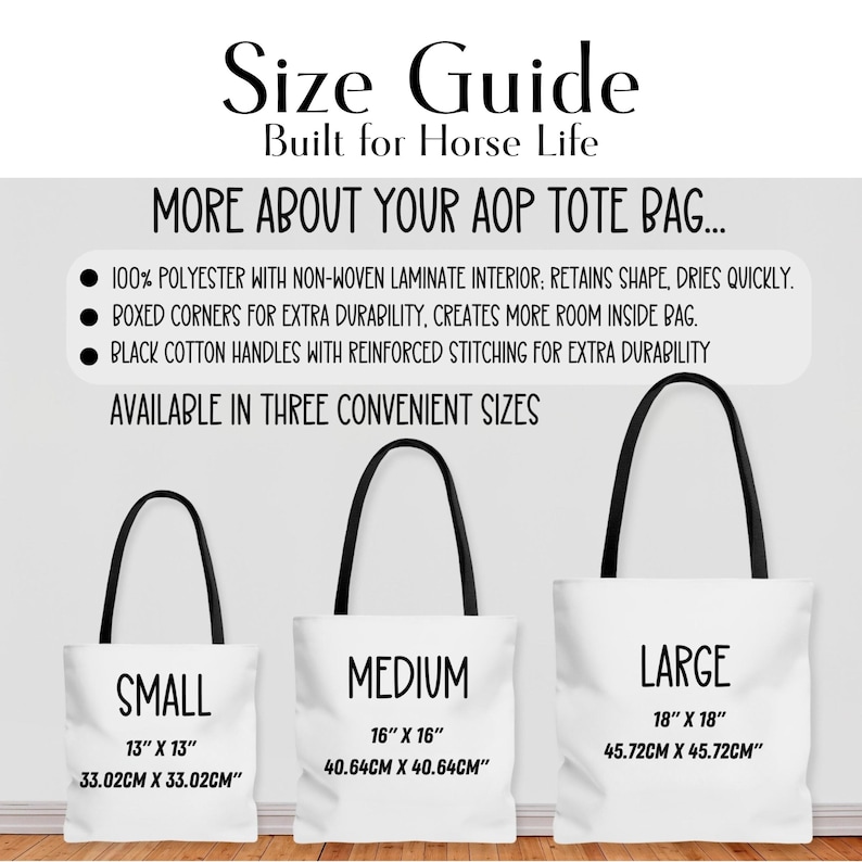 Informative size guide showing small, medium, and large horse print tote bags with reinforced handles and durable polyester fabric. Ideal for equestrians and gift shoppers, this breakdown helps buyers choose the perfect size for carrying gear, books, or groceries. A great blend of function and fashion for Western, boho, and horse lovers.