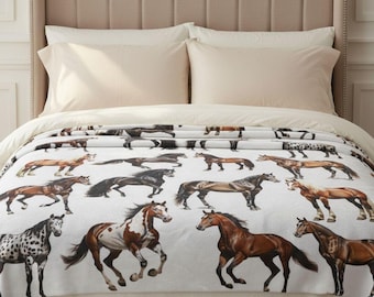 Horse Blanket with Horse Breeds, Horse Lover Gift, Equestrian Throw Blanket, Horse Girl Blanket, Plush Horse Decor, Western Blanket