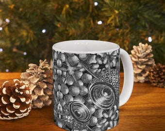 Mug 11oz Ceramic Greyscale Geometric Design Ideal Coffee Companion Retro Style Kitchenware Gift Home Office Essential Monochrome Drinkware