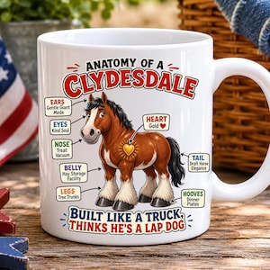 May include: A white ceramic mug featuring a cartoon illustration of a brown and white Clydesdale horse. The text reads Anatomy of a Clydesdale, with labels pointing to body parts like ears, eyes, nose, belly, legs, heart, tail, and hooves.