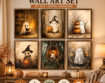 Halloween Wall Art Set of 6, Cute Ghost Wall Art Prints, Halloween Printable Decor for Kids Room, Cozy Pumpkin Digital Download