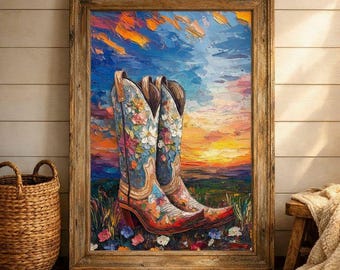 Cowgirl Boots Wall Art, Western Wall Decor, Cowboy Boots Print, Floral Western Poster, Rustic Country Bedroom Art, Digital Download