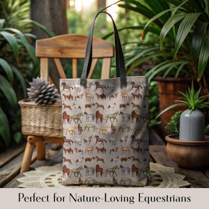 Horse print tote bag styled in a lush, outdoor-inspired setting with greenery and rustic textures. Designed for equestrians who love nature, this bag is ideal for trail riders, barn moms, and Western lifestyle fans. A durable and elegant gift idea for birthdays, holidays, and everyday use with free U.S. shipping and standout stitching.