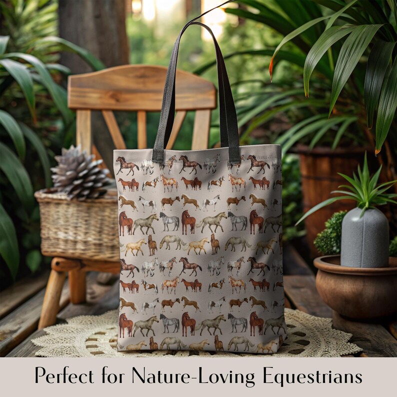 Horse print tote bag styled in a lush, outdoor-inspired setting with greenery and rustic textures. Designed for equestrians who love nature, this bag is ideal for trail riders, barn moms, and Western lifestyle fans. A durable and elegant gift idea for birthdays, holidays, and everyday use with free U.S. shipping and standout stitching.