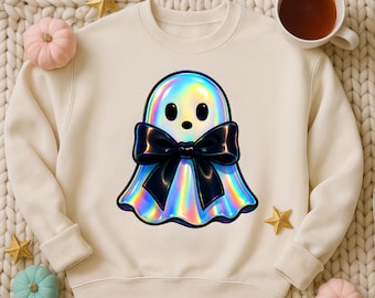 Halloween Ghost PNG, Cute Ghost PNG with Bow, Holographic Ghost Clipart, Spooky Season PNG for Sublimation, Halloween Clipart