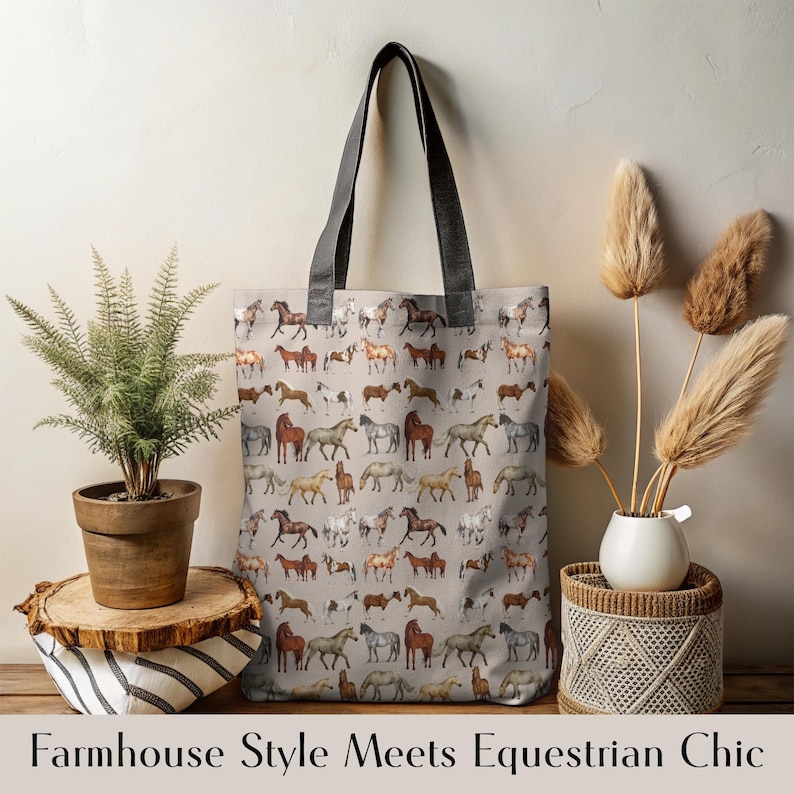 Farmhouse-themed flat lay featuring horse lover tote bag with boho accents, pampas grass, and cozy textures. This tote blends rustic charm and modern equestrian flair—ideal for barn errands, country living, and Western gifting. A beautiful, durable bag made for horse girls who adore earthy tones and farmhouse-inspired style.