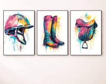 Equestrian Wall Art Printable Set of 3 – Horse Girl Room Decor, Colorful Riding Gear Prints, Teen Horse Bedroom Wall Art