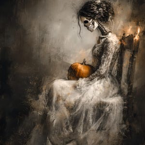 Dark Academia Halloween Decor | Ghostly Skeleton Bride with Pumpkin | Instant Digital Download