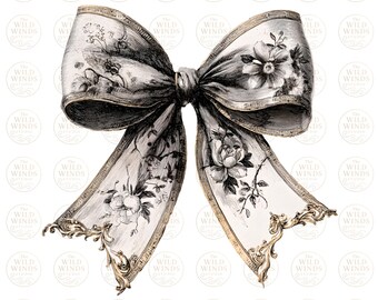 Vintage Bow PNG, Toile Bow PNG, Coquette Bow PNG, Floral Bow Clipart, Ribbon Bow Clipart, Sublimation File, Cricut File