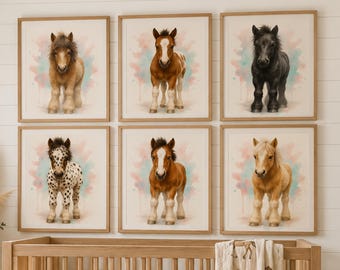 Horse Nursery Wall Art Set of 6, Baby Horse Prints, Foal Nursery Decor, Farm Animal Nursery Art, Printable Kids Room Wall Art
