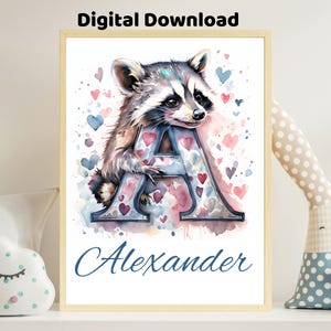 Arte de pared con letras de mapache personalizadas para la habitación de un bebé o un niño + Impresión de nombre inicial personalizada Descarga digital 300 DPI JPEG