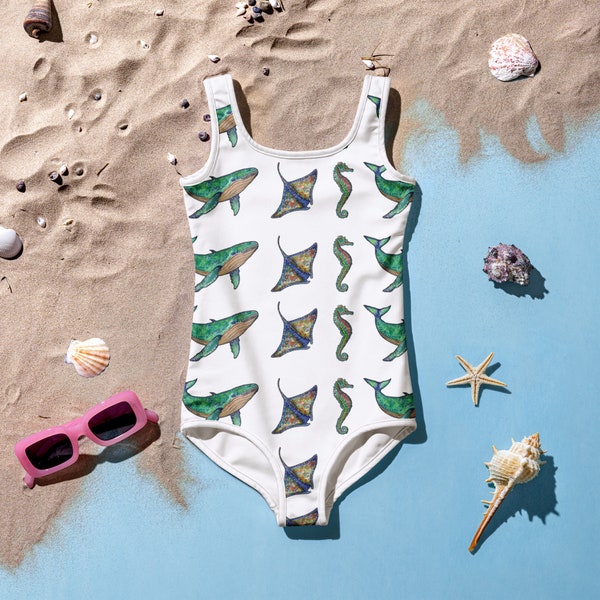Girls Swimsuit Colorful  Marine Life Print Cute Swimsuit All Over Print Kids Swimsuit Seahorse Sting Ray and Blue Whale Sea Life Pattern