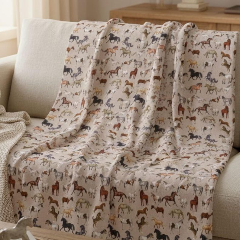horse throw blanket on sofa, equestrian home decor blanket, cozy farmhouse horse blanket for living room