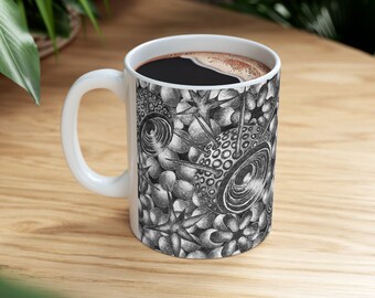 Mandala Bohemian Floral Flower on Black White Ceramic Mug | Vintage Retro 11 Oz Tea Mug, Coffee Mug, Milk Juice Ceramic Cup for Home Offices