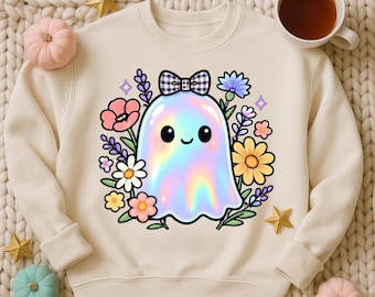 Söt spöke PNG, Halloween-spöke PNG, kokett spöke PNG med rosett, pastellfärgad spökeclipart, läskig säsong png för sublimering