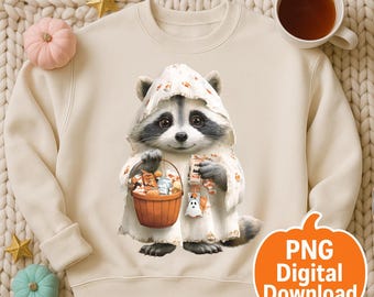 Mapache fantasma PNG, imágenes prediseñadas de mapache lindo para Halloween, PNG de animal lindo y espeluznante para camisetas, descarga de diseño de sublimación de mapache kawaii