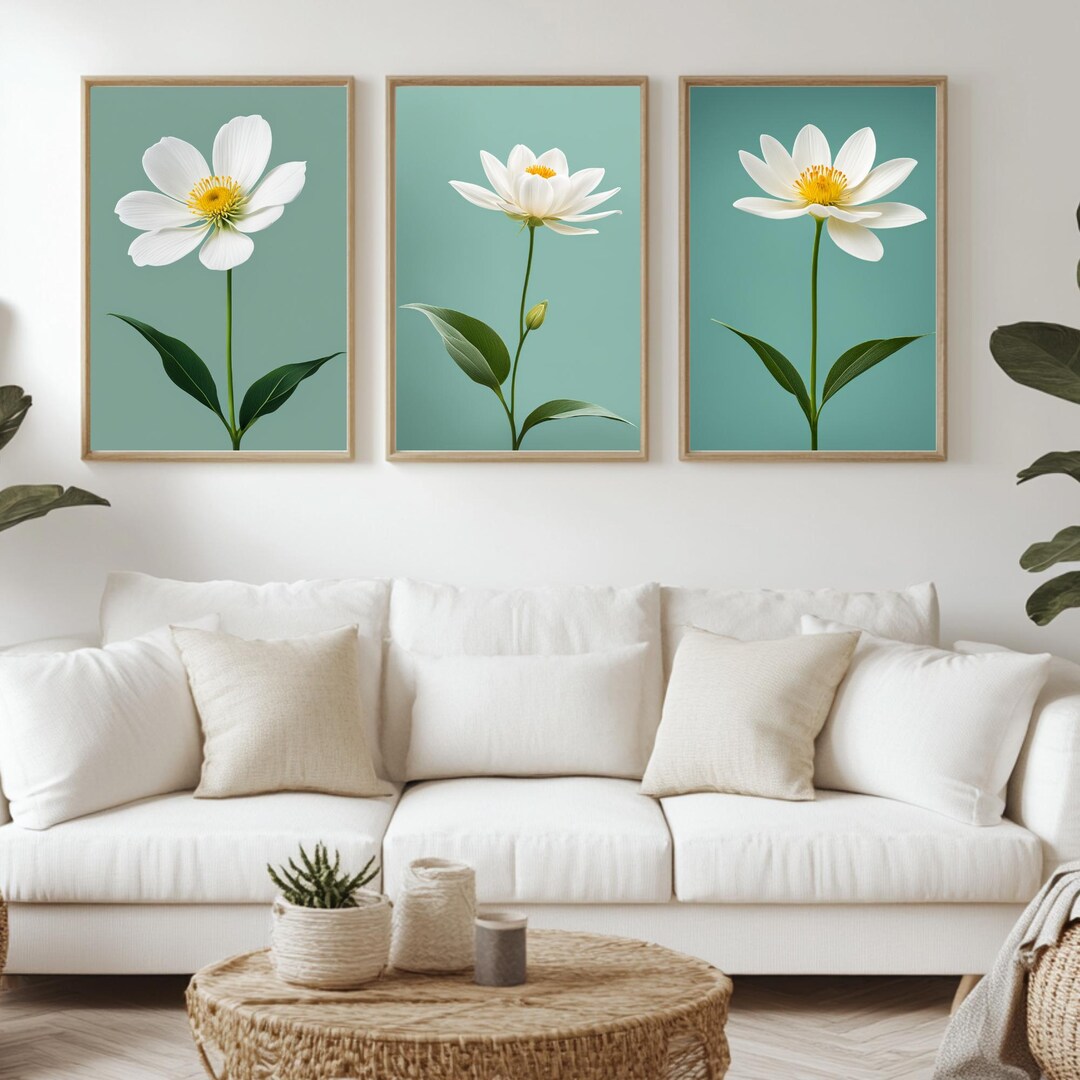 Floral Wall Art Printable Set of 3 • White Minimalist Flower Prints ...