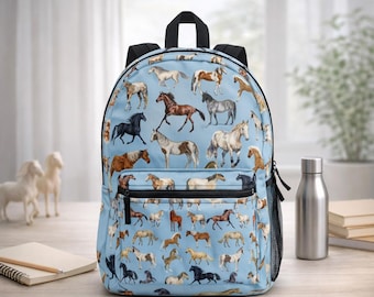 Horse Print Backpack – Blue Equestrian School Bag
