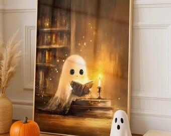 Halloween Wall Art Printable Ghost Reading Print, Spooky Wall Art Digital Download, Cute Ghost Poster, Halloween Decor Print