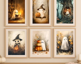 May include: Six framed art prints featuring whimsical ghost illustrations in a warm, autumnal color palette. Each print showcases a different scene, including ghosts with pumpkins, reading books, and in a forest setting. The art is perfect for Halloween decor.
