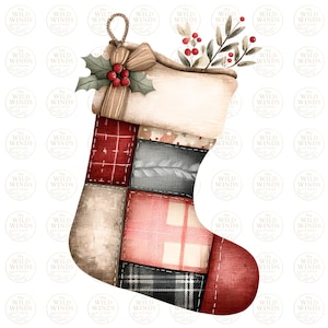 May include: A Christmas stocking with a patchwork design in red, gray, and cream colors. The top of the stocking has a blank label, a bow, holly, and berries. A sprig of berries and leaves is tucked into the top. The stocking has a loop for hanging.