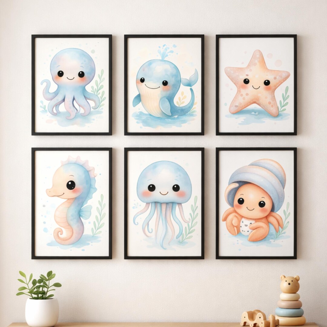 Ocean Nursery Wall Art Set of 6 Printable, Cute Sea Animal Nursery ...
