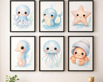 Ocean Nursery Prints Set of 6, Sea Animal Nursery Decor, Coastal Baby Room Printable, Nautical Wall Art, Instant Download
