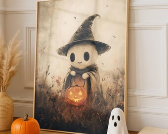 Lindo póster de fantasma para imprimir en la pared de la habitación de los niños: decoración de Halloween no aterradora para guardería, aula o dormitorio, póster de calabaza con fantasma lindo y espeluznante