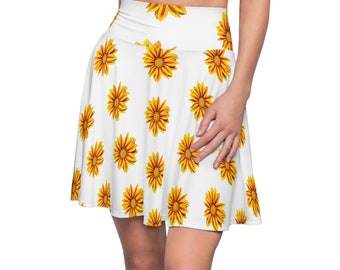 Stylish Yellow African Daisy Print Skater Floral Print Skirt African Daisy Print Vibrant Yellow Women's Fashion Essential Trendy Fashion