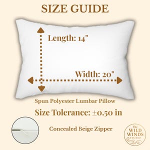 Lumbar pillow size guide 14x20 inches, horseshoe pillow dimensions, spun polyester cover with concealed zipper detail