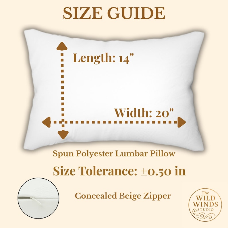 Lumbar pillow size guide 14x20 inches, horseshoe pillow dimensions, spun polyester cover with concealed zipper detail