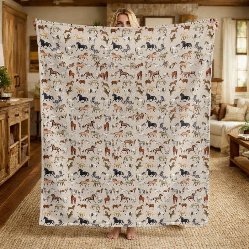 Horse Blanket, Velveteen Horse Throw, Equestrian Blanket, Western Bedroom Decor, Horse Girl Gift, Horse Lover Gift image 9
