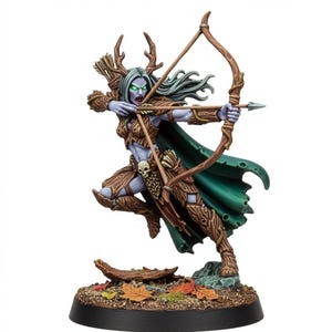 May include: Miniature figure of an archer elf with blue skin, green eyes, and long white hair. The elf is wearing wooden armor, a green cape, and is aiming a bow and arrow. The base features leaves and a log.