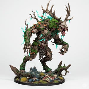 May include: A detailed figurine of a monstrous creature with a skull-like head, antlers, and a body made of wood and moss. The figure is painted with green, brown, and white colors, and is posed on a base with bones and foliage.