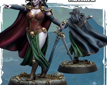 Puede incluir: Una figura en miniatura pintada llamada Nacthra con piel pálida y cabello largo y oscuro, que viste un corsé rojo, una falda verde con runas y una capa oscura con detalles de calaveras. La figura sostiene una espada sobre una base de piedra.