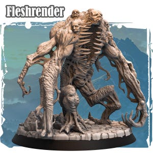 Peut inclure: Une figurine miniature beige non peinte intitulée Fleshrender, représentant une créature monstrueuse avec plusieurs visages humains incrustés dans le torse et les épaules, de longs bras effilés et une cage thoracique creuse sur un socle en pierre.